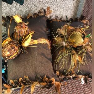 Feathered Decorative Pillows & Elegant Tapestry Christmas Stockings